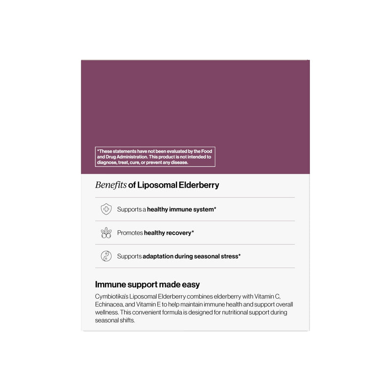 CYMBIOTIKA Liposomal Elderberry with Vitamin E for Immune Support | Organic elderberry with vitamin E for antioxidant & immune support. Liposomal absorption. Vegan, gluten free. 26 packets.