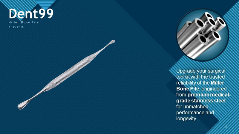 Pomee Miller Bone File #21, Surgical Instrument for Bone Contouring in Dental Procedures, Double-Ended (Cross-Cut & Smoothing Ends), Lightweight 9.5mm Hollow Handle, 702-210