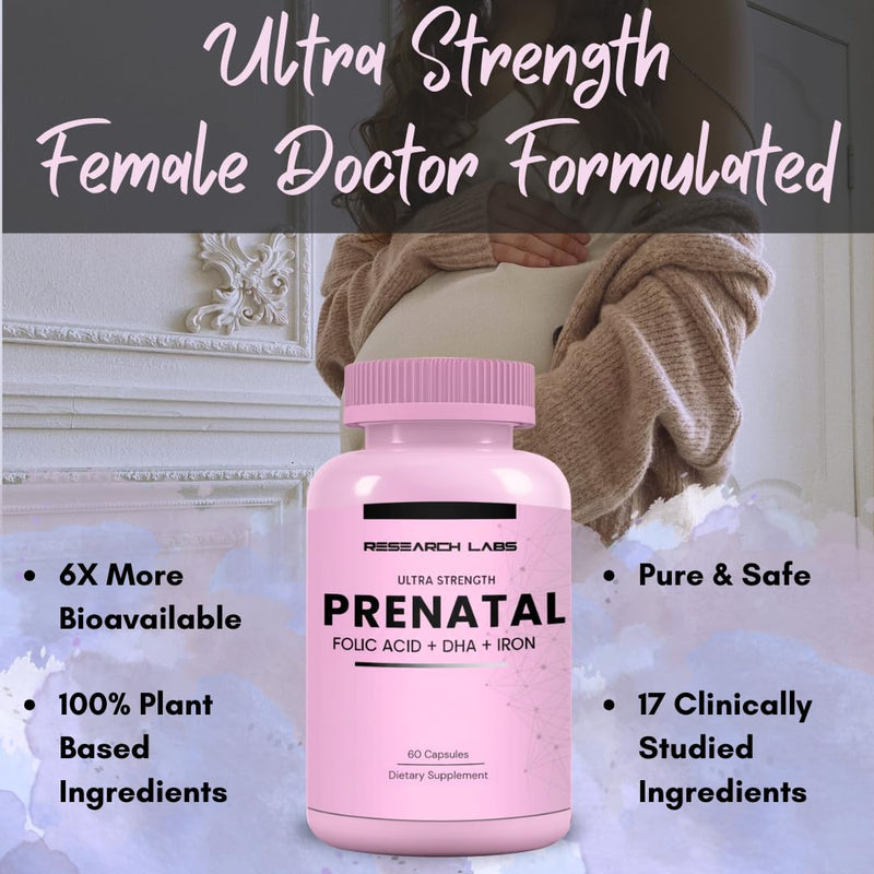 Research Labs Prenatal Vitamins for Women 2 Fer 1 Ad: 6X More Bioavailable Methylated Folate Folic Acid MTHF 5 | Supports Brain Development, Healthy Growth 60 Count (Pack of 2)