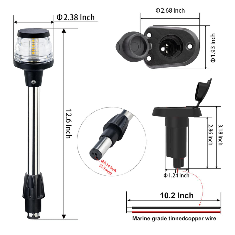 13 Inchs Stern Anchor Light, Navigation Lights, All Round White LED, 2NM Visibility, Stainless Steel Pole, Removable 2 Pin Plug-in Mount, 10-24V DC