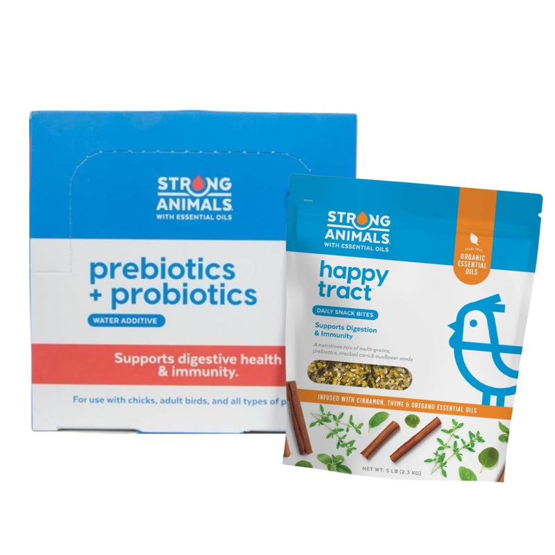 Strong Animals Happy Tract (5lb) & Prebiotics + Probiotics (30 Servings) - Daily Chicken Treats & Water Additives, Digestive & Immune Support for Chickens & All Poultry