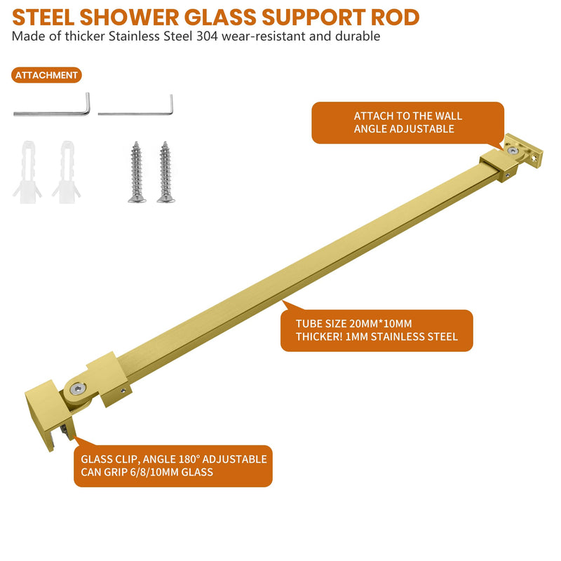 Shower Door Support Bar Rod, 18.11 Inch Length Stainless Steel Wall-to-Glass Brace, for 1/4"(6mm) 5/16"(8mm) 3/8"(10mm) Thick Framless Glass Door, Brushed Gold - BeesActive Australia
