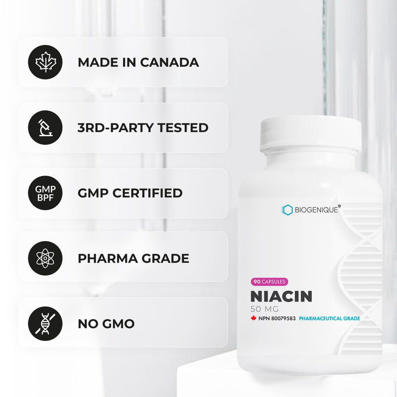 Biogenique Niacin 50mg - Vitamin B3 Niacin - Supports Energy Production, Healthy Metabolism & Nervous System Function - Energy Supplement - 90 Capsules Made in Canada, Non-GMO, Vegan