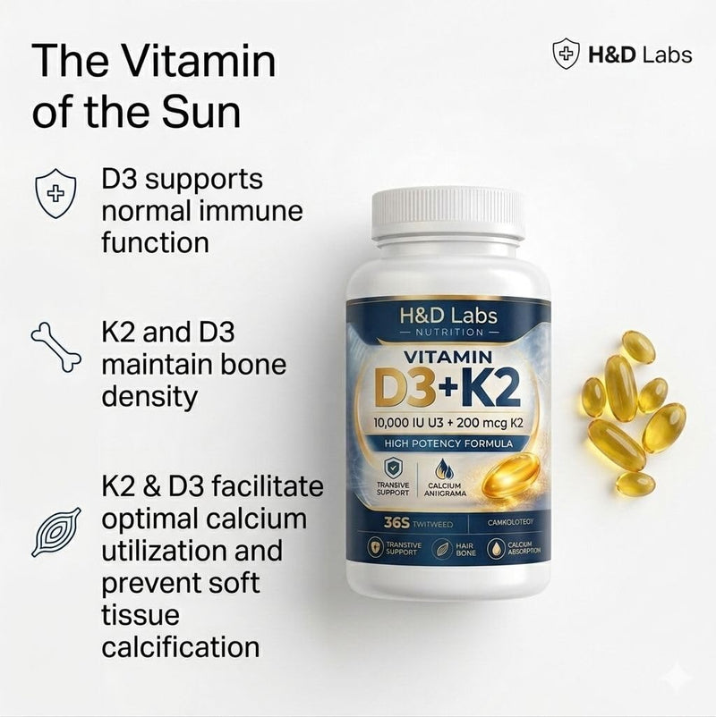 H&D Labs Nutrition Vitamin D3 K2 10000 IU (125mcg) with MK-7 – High Potency Bone & Immune Support – 365 Capsules – Non-GMO Dietary Supplement