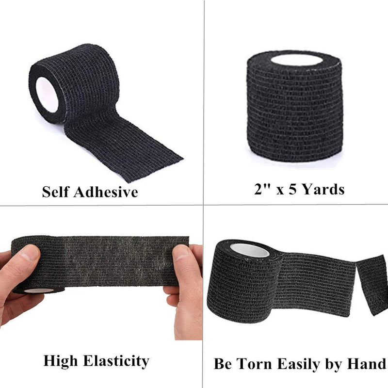 Tattoo Grip Cover Wrap - Yuelong 24pcs 2” x 5 Yards Black Disposable Cohesive Tattoo Grip Tape Wrap Elastic Bandage Rolls Self-Adherent Tape for Tattoo Machine Grip Tube Accessories, Sports Tape Black 24
