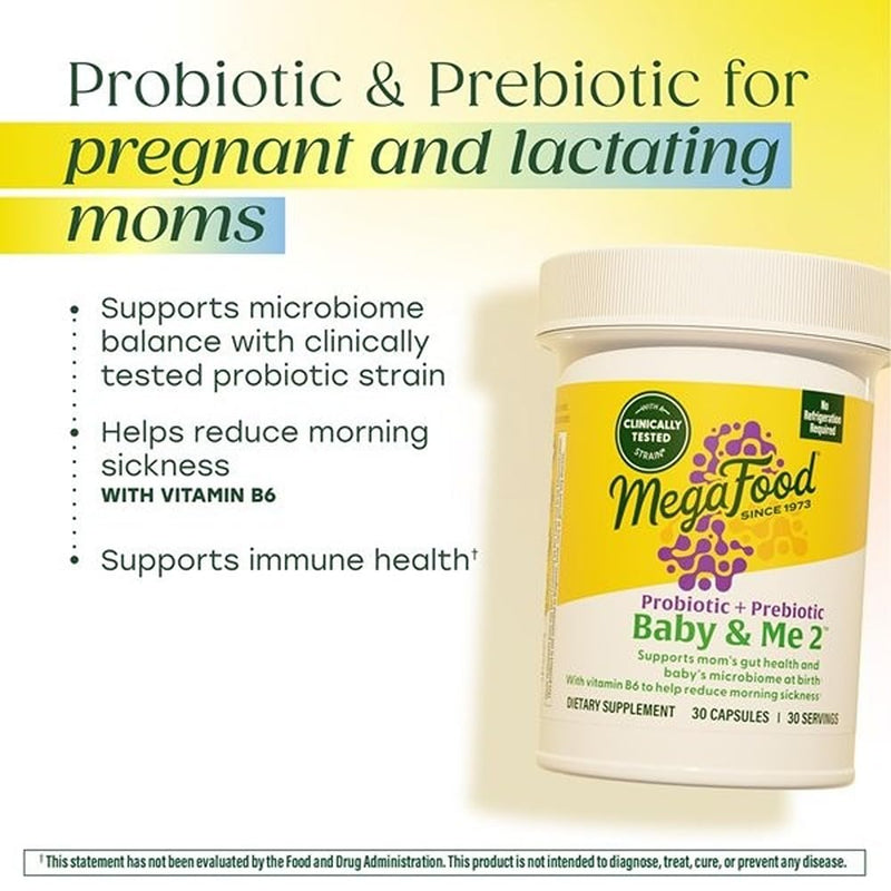 MegaFood Baby & Me 2 Prenatal Probiotic Prebiotic with B6, 30 Capsules | Womens Probiotic with Prebiotic for Digestive Health & Immune Support, Vitamin B6 for Morning Sickness Relief, 30 Servings