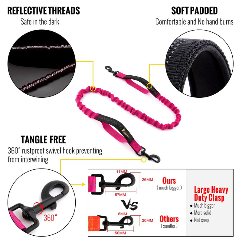 Plutus Pet Hands Free Dog Leash, Soft Padded Dual Handle Retractable Bungee Leash with Reflective Stitches, Adjustable Wasit Leash for Dog Walking Running Jogging, for Medium Large Dogs New Hot Pink - BeesActive Australia