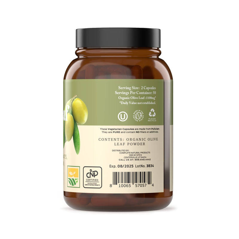 Complete Natural Products Organic Olive Leaf Capsules - 550mg, 100 Count, 1100mg per Serving 100 Count (Pack of 1)