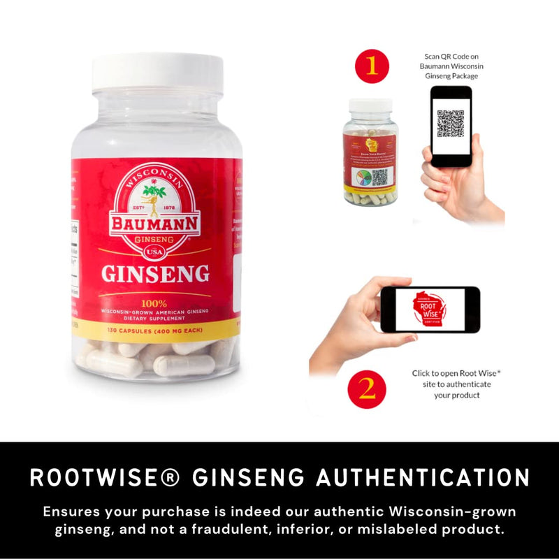 Baumann Wisconsin Ginseng Capsules 130 Pills 400 mg – Pure American Ginseng Root Extract Powder in Each Pill - 100% Natural Panax Ginseng Supplement for Immune Support, Focus and Energy 130 Count (Pack of 1)