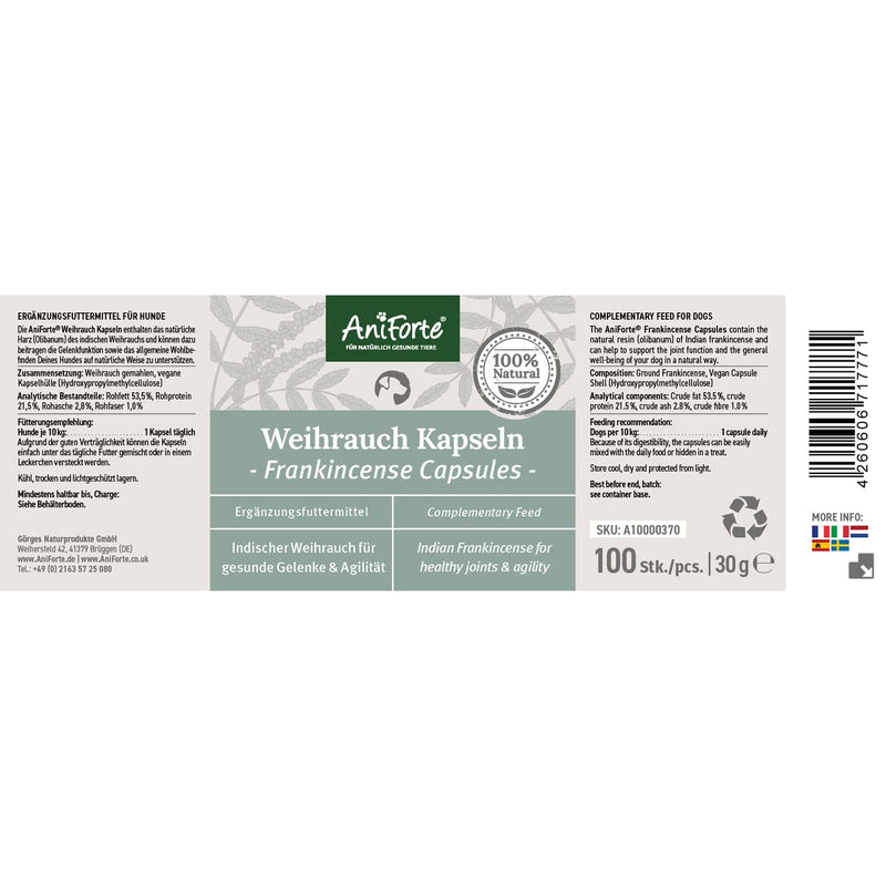 AniForte Frankincense Capsules for Dogs Pack of 100 - Natural Joint Tablets with Boswellic Acid, Support for Joints & Joint Function, Frankincense Tablets for Dog Joints - BeesActive Australia