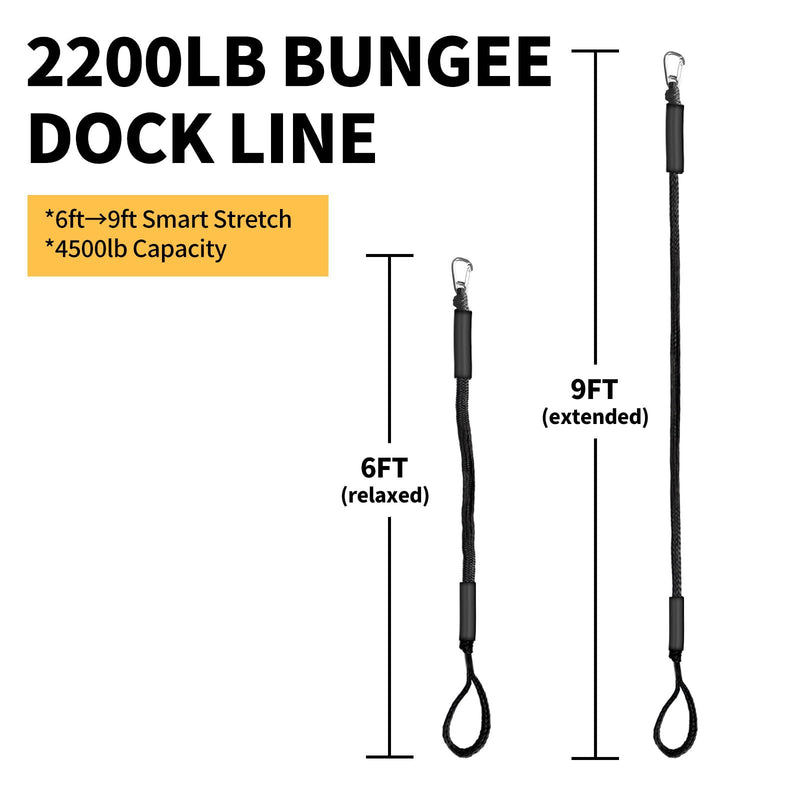 Bungee Dock Lines for Boats & Jet Skis – 6ft Heavy-Duty Elastic Mooring Rope with Single Hook – Stretches to 9ft – Black/Yellow&Black/Green&Yellow 2 Pack (Black)