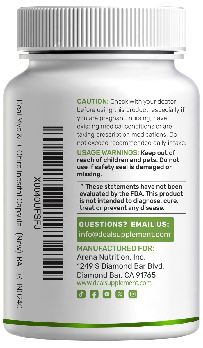 Myo-Inositol & D-Chiro Inositol Supplement for Women (40:1) | 2,050mg Per Serving | 240 Veggie Capsules | with Folate, Vitamin D3 & Vitex | Hormonal Balance & Cycle Support | Non-GMO