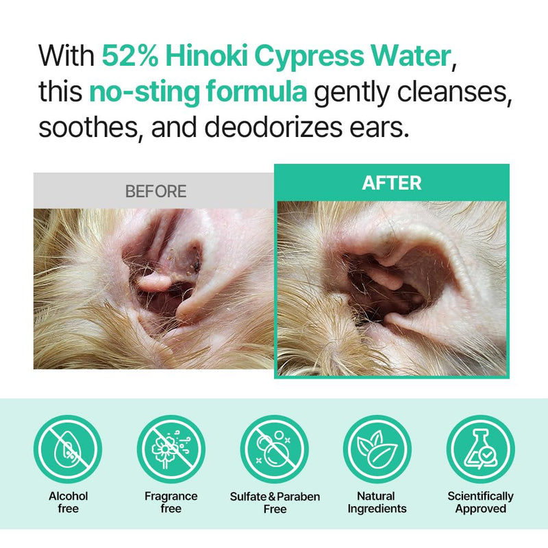 PetO’Cera CL’Ear Ear Cleaner for Dogs & Cats with 52% Hinoki Cypress Water, Cica & Heartleaf Extract, Soothes Itching, Removes Debris, Odor, Alcohol-Free, Fragrance-Free, Hypoallergenic, 4 fl oz