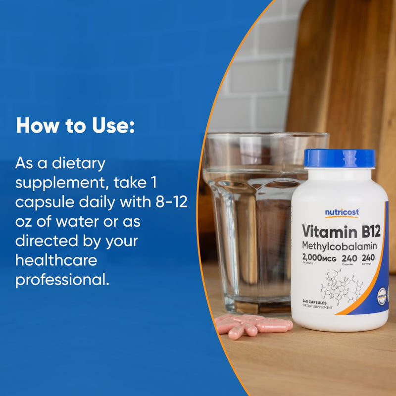 Nutricost Vitamin B12 (Methylcobalamin) 2000mcg, 240 Capsules - Vegetarian Caps, Non-GMO, Gluten Free B12 Supplement (Pack of 2) 240 Count (Pack of 2)