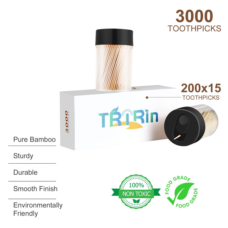 Bamboo Wooden Toothpicks [3000 Count]-With 2-Pack Reusable Toothpick Holder, Sturdy Smooth Finish Tooth Picks, For Appetizer, Olive, Barbecue, Fruit, Teeth Cleaning Toothpicks, Black. - BeesActive Australia