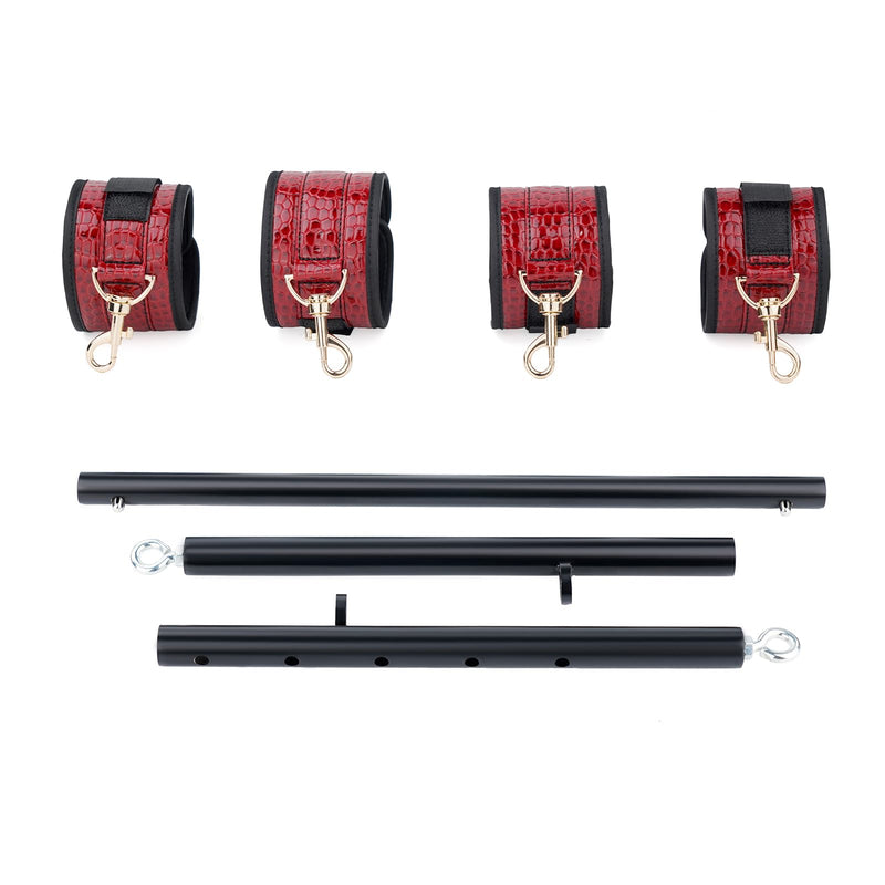 3 in 1 Heavy Duty Stainless Steel Expandable Black Spreader Bar with 4pcs PU Crocodile Red Adjustable Straps,Workout Bar for Home Gym Training Bar,Portable Detachable Pilates Kit