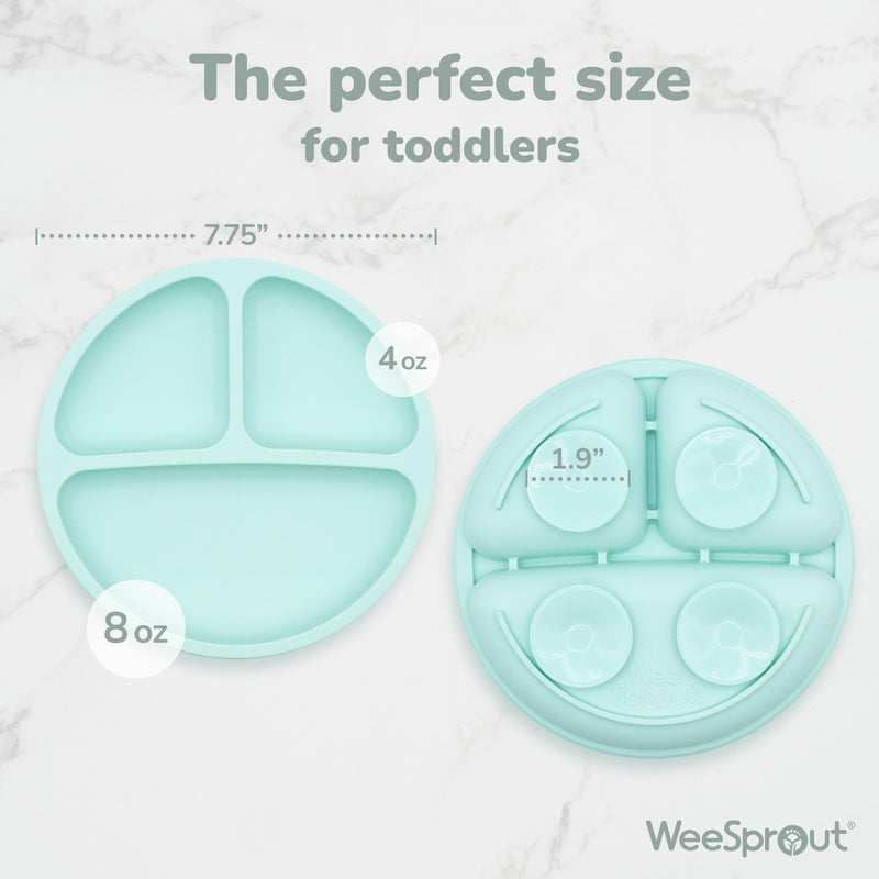 WeeSprout Suction Plates with Lids for Babies & Toddlers - 100% Silicone, Dinnerware Stays Put, Divided Design for Picky Eaters, Microwave & Dishwasher Friendly, 3 Pack Matte Dark Grey, Blue & Green - BeesActive Australia