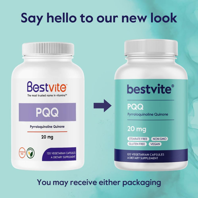 BESTVITE PQQ 20mg (Pyrroloquinoline Quinone) (120 Veg Caps) - No Stearates | Vegan - Non GMO - Gluten Free - Cellular Energy & Brain Support* - Easy to Swallow Capsules