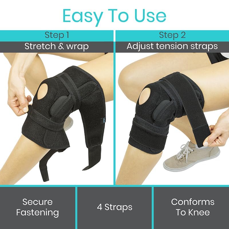 Vive Hinged Knee Brace (2 Pack) - Relieves ACL, MCL, Meniscus Tear - Lightweight, Comfortable, Breathable Open Patella Wrap with Side Stabilizers - for Women & Men - Adjustable Strap for Tendonitis (Black) Black