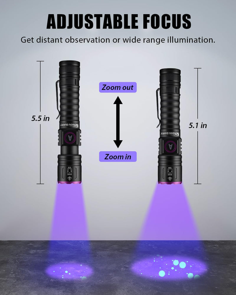 Eagou Diary UV Flashlights | 395nm 5W Black Light Flashlights | Mini Woods Lamp | Zoomable Ultraviolet Flashlight | Rechargeable Pet Urine Detector Light | Waterproof UV Flashlight for Pet Urine - BeesActive Australia