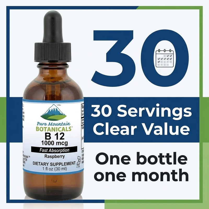Pure Mountain Botanicals B12 1000 mcg - B12 Complex - Natural Berry Flavor - 30 Servings - Liquid Drops Vitamin - Kosher Supplement 1 Fl Oz (Pack of 1)