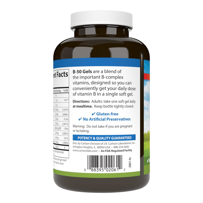 Carlson B-50 Gels, Vitamin B Complex, Energy Production, 100 Softgels | Cellular Support; Optimal Wellness 100 Count (Pack of 1)