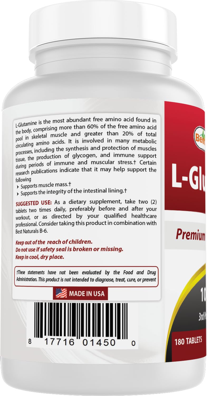 Best Naturals L-Glutamine 1000 mg 180 Tablets (180 Count (Pack of 2)) 180 Count (Pack of 2)