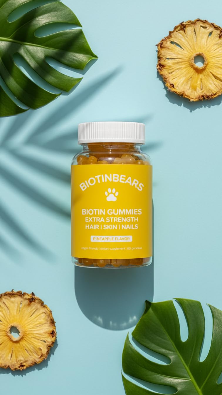 Curvy Body Bears BiotinBears Extra Strength Biotin Gummies | Hair Skin & Nails Support | with Vitamins C, E, B6 & B12 | Pineapple Flavor | 60 Vegan Gummies