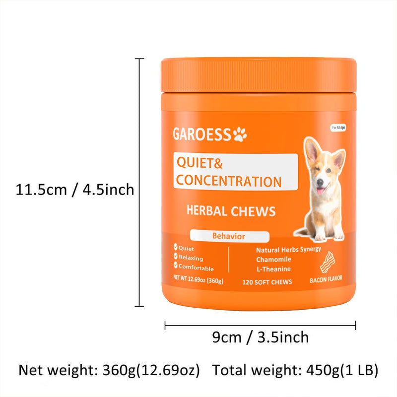 Quiet & Concentration Herbal Chews for Dogs, Behavior Support Supplement with Chamomile, L-Theanine, Valerian Root, ashwagandha, Bacon Flavor, Large container-120 Soft Chews, 12.69 oz (1) 1