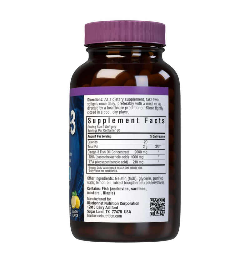 BlueBonnet Nutrition Omega-3 Brain Formula Natural Wild Caught Triglyceride Form DHA 1000 mg EPA 210 mg, Highly Concentrated Cognitive Health & Wellness Support Supplement, Gluten-Free Softgel, Yellow/Clear, Lemon, 120 Count | Brain Health; Gluten-Free...