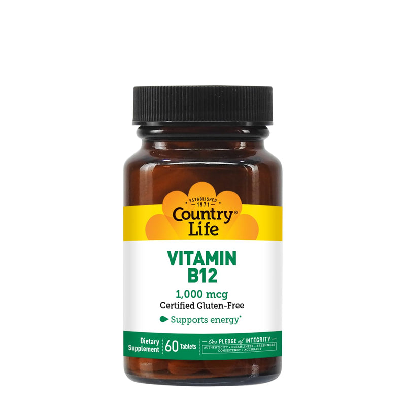 Country Life Vitamin B12 1,000 mcg, Vegan Energy Support, 60 Tablets | One daily tablet supports normal nervous system function and red blood cell formation 60 Count (Pack of 1)