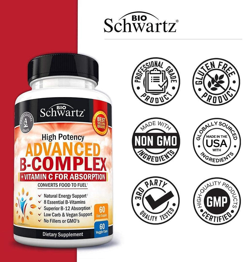 Vitamin B Complex with Vitamin C for Maximum Absorption, 60 Capsules | Methylcobalamin b12 & Folate Folic Acid Supplement - B1 B2 B3 B5 B6 B7 B9 for Energy, Immune & Nervous System Support 60 Count (Pack of 1)