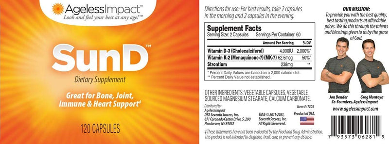 SunD Vitamin D Supplement | 5000 IU Vitamin D, 125mcg Vitamin K2, With Strontium, Bone Health Support
