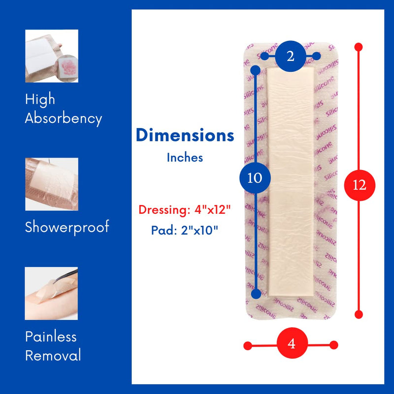 Silicone Foam Dressing 4”x12”[10 Pack] Post-Op Gentle Adhesive Border for Surgical Wound Care, Incision, Sacrum, Pressure Sore, Diabetic Ulcer, Extra Long Large Wound Bandage
