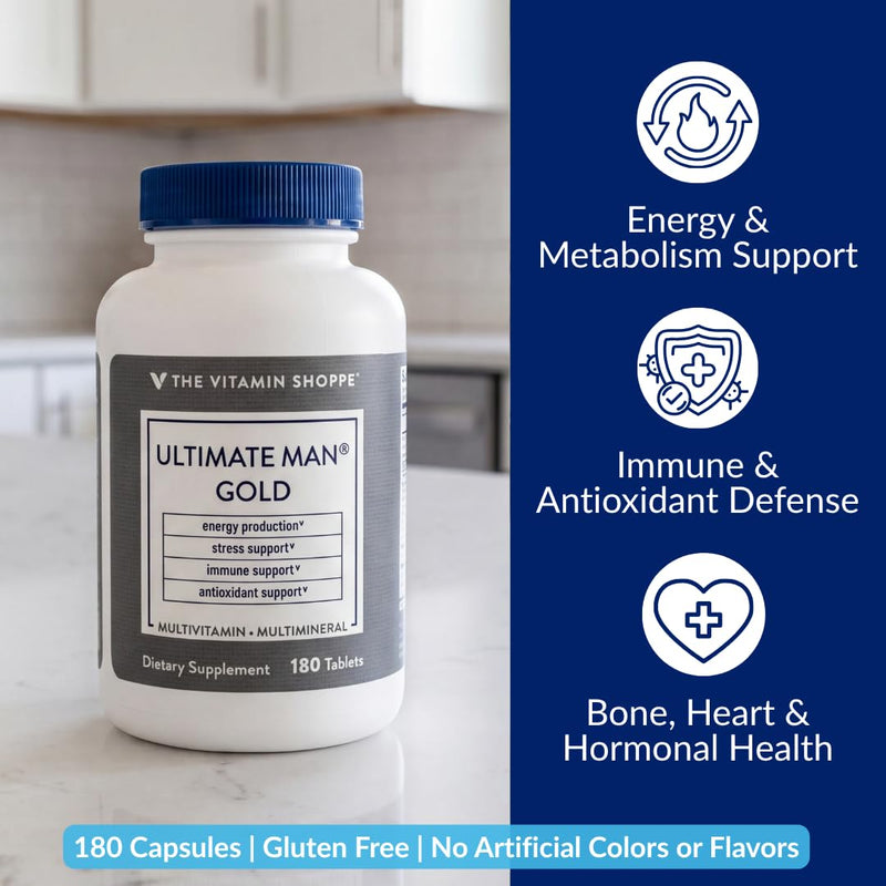 The Vitamin Shoppe Brand Ultimate Man Multivitamin, 180 Tablets | Daily Multivitamin for Men With Vitamins, Minerals & Antioxidants for Energy, Immune & Overall Wellness Support, Gluten Free 180 Count (Pack of 1)