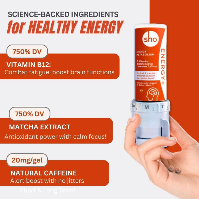 SHO Vegan Energy+ Focus Supplement Kit- Matcha Green Tea Extract, Methylated B Complex, Vitamin B and Caffeine Natural Energy Booster Without Crash, Jitters for Men and Women - 60 Pills Refill Bottle 60 Count (Pack of 3)