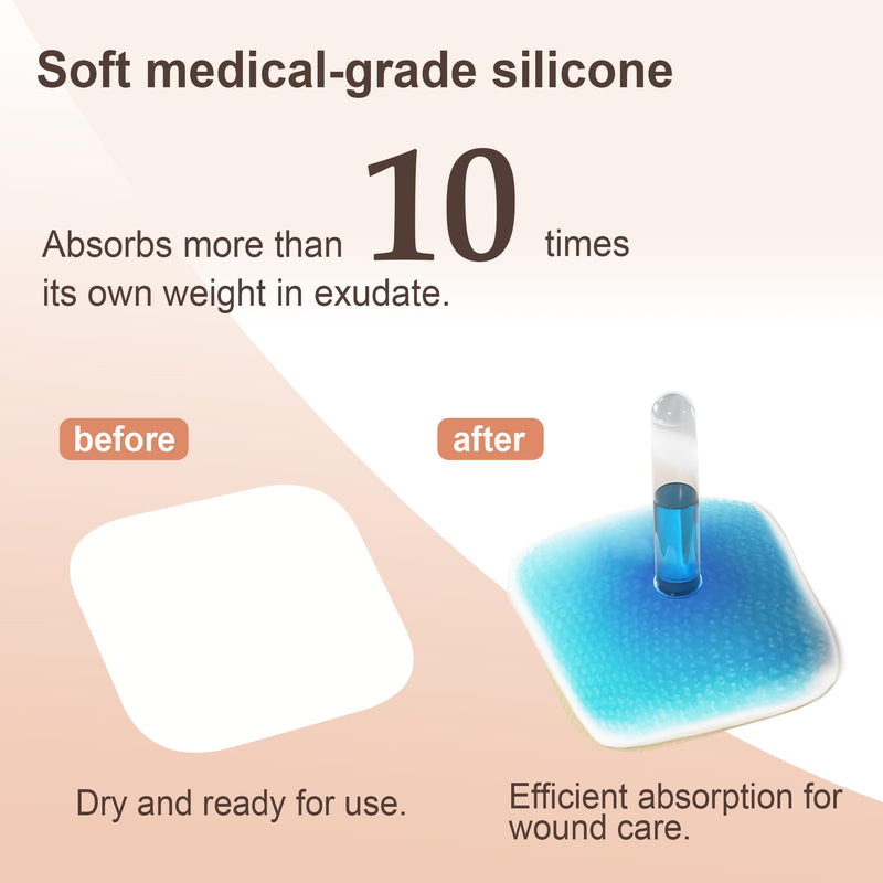 Ourmed Soft Flex Silicone Foam Dressings(6"x 6", Pack of 10) Sterile, Highly Absorbent, Waterproof, No Border, Wound Care for Bed Sores, Pressure Ulcers 6x 6 Inch with no border