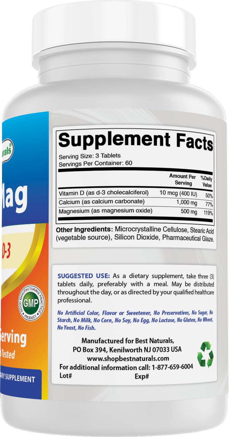Best Naturals Calcium Magnesium with Vitamin D3 1500mg Serving 180 Tablets (180 Count (Pack of 1)) 180 Count (Pack of 1)
