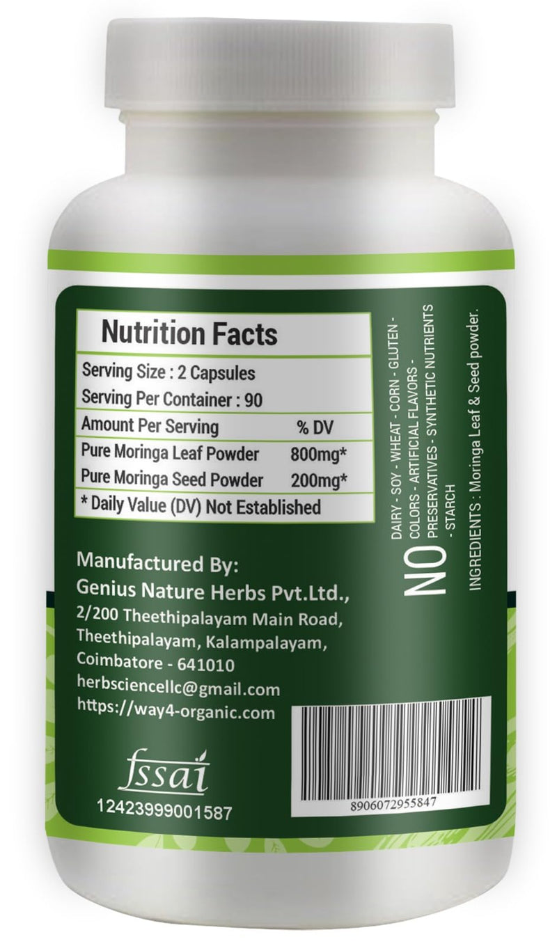 Moringa Oleifera Leaf and Seed Powder (80:20) Ratio 180 Capsules, 90 Servings, 1000 mg. Malunggay Leaf and Seed Powder, Green Superfood. Pack of 2.