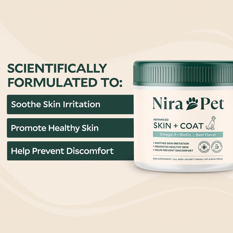 Nira Pet Skin and Coat Supplement for Dogs – Beef Flavor – 60 Soft Chews with Omega 3, EPA, DHA, and Biotin