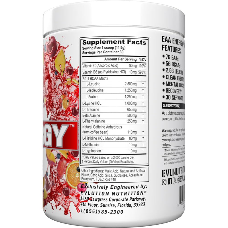 EVL EAA Essential Amino Acids Powder Pre & Post Workout - 30 Servings | 7g EAA formula with 5g BCAAs supports muscle recovery, energy and workout performance - Fruit Punch