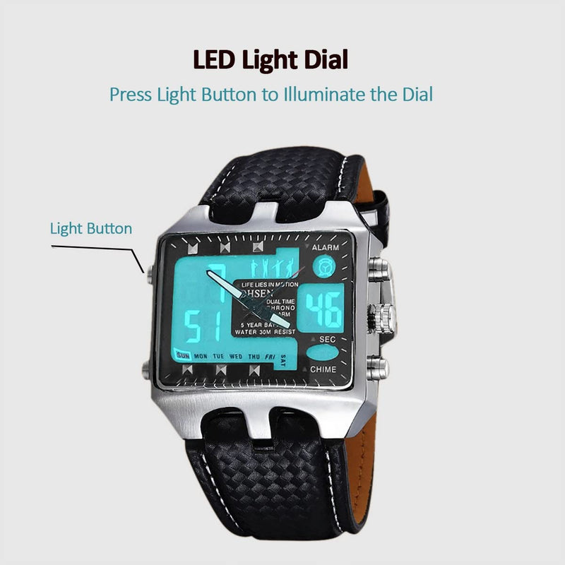 ShoppeWatch Mens Soccer Referee Watch Big Square Face LED Dual Time Analog Digital Light Up Dial Stopwatch Leather Band Reloj Deportivo para Hombre Cronometros Wacht Black Dial