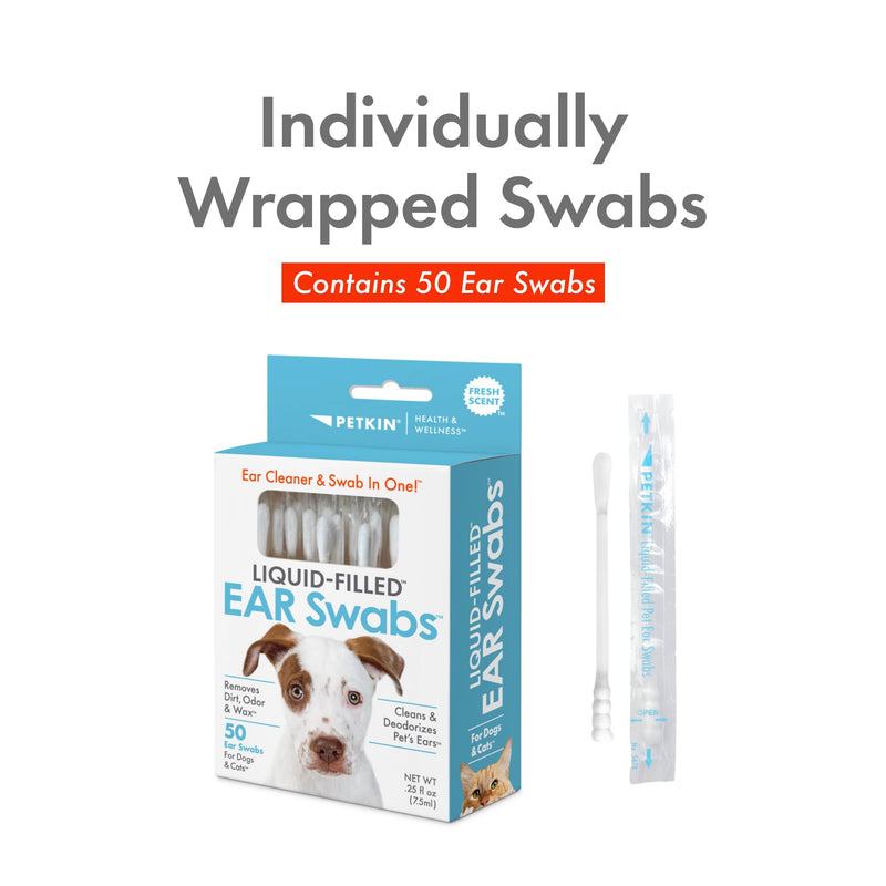 Petkin Liquid-Filled Ear Swabs - 50 Swabs - Fresh Scent - Removes Dirt, Odor & Wax - Cleans & Deodorizes Dog and Cat Ears