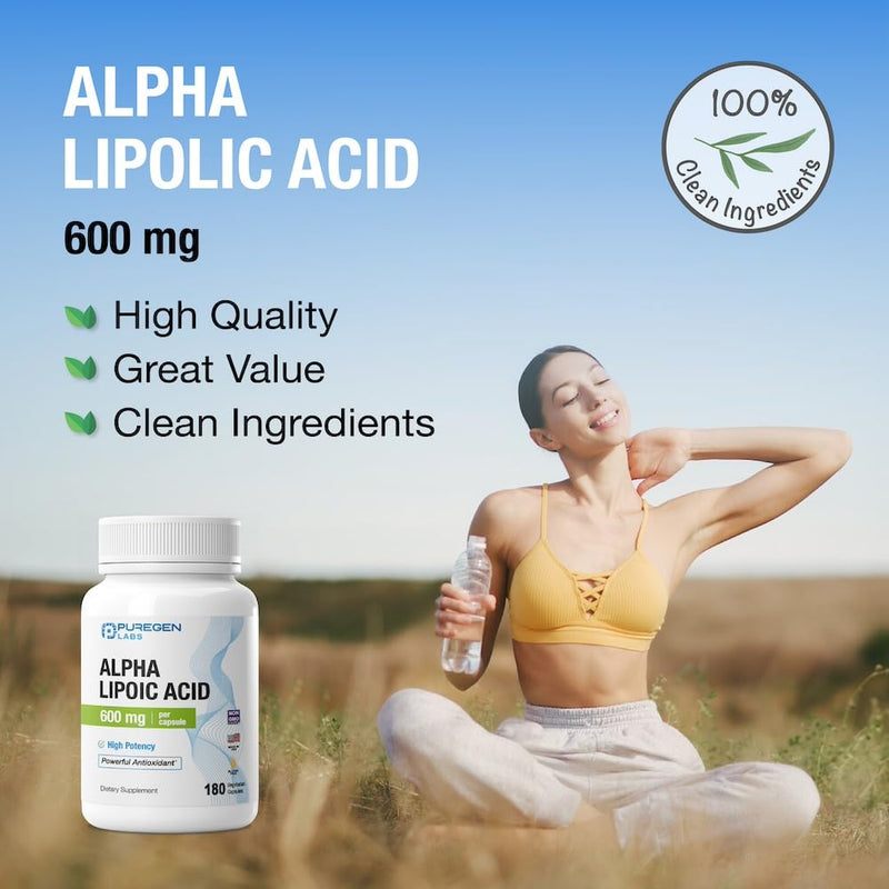 Puregen Labs Alpha Lipoic Acid 600mg [High Potency] 180 Servings - Antioxidant Support | No Harmful Additives | Non-GMO, NO Gluten and Dairy, 600 mg per Veggie Capsule - Made in USA 1 - BeesActive Australia
