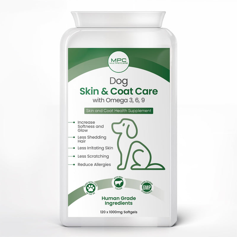 Dog Skin & Coat Supplement | Omega 3-6-9 Softgel Capsules | EPA, DHA & Linoleic Acid | Reduces Itching, Shedding & Dry Skin | Visibly Shinier Coat | Human Grade Ingredients | UK GMP | 120 Count