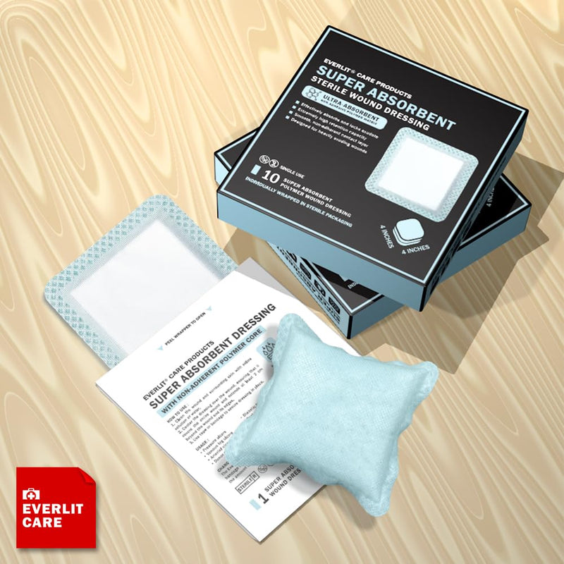 EVERLIT Super Absorbent Dressing for Wound Care | Nonstick Soft Surgical Gauze Pad for Heavily Exuding Wounds | Large Sterile Non-Adhesive Bandage for Fast Healing Wound Care | Pack of 10 (4" x 4") 4" x 4"