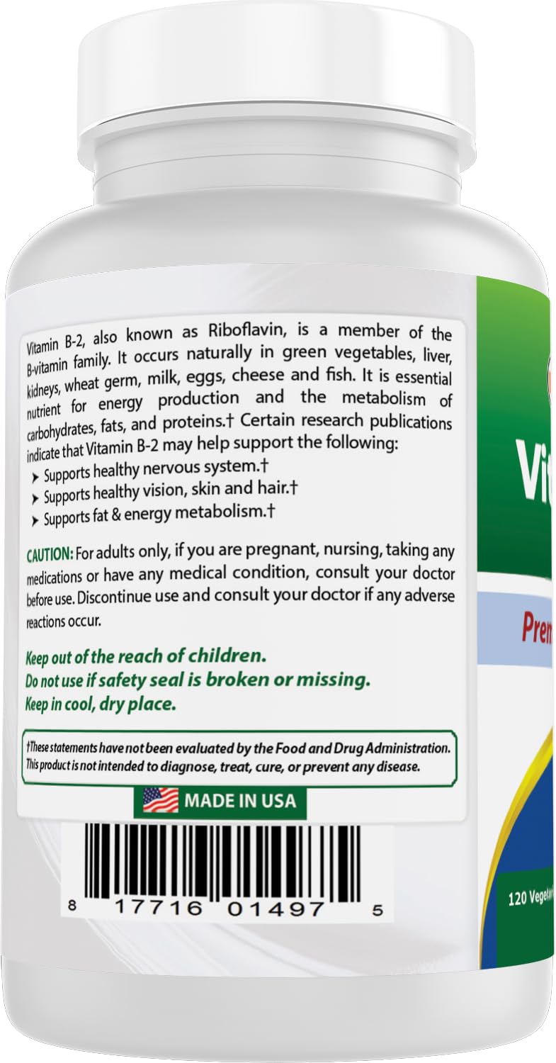 Best Naturals Vitamin B2 (Riboflavin) 400mg - Migraine Relief - Veggie Capsules - Conezyme Precursor - 120 Count (120 Count (Pack of 3)) 120 Count (Pack of 3)