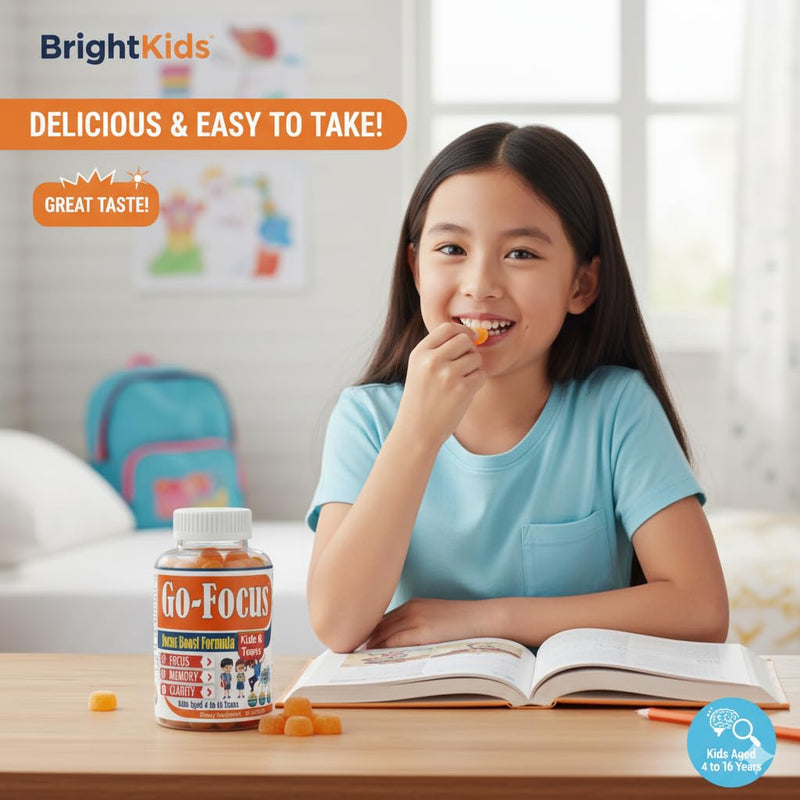 BrightKids Brain Supplements for Memory and Focus, Omega 3 & DHA Focus Gummies for Kids, Memory Booster Focus Supplement for Kids & Teens- Low-Sugar, Natural Fruit Flavor 60 Gummies
