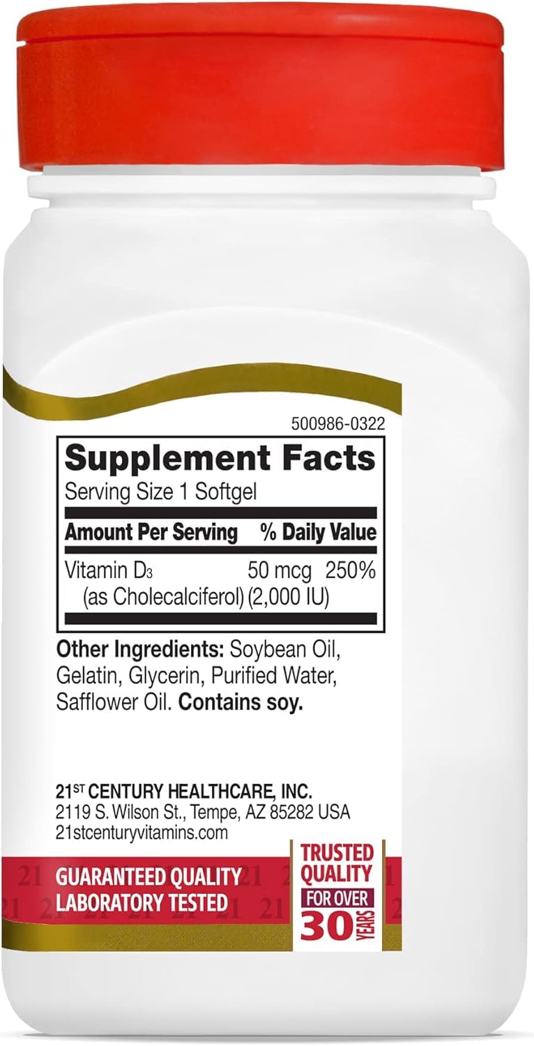 21st Century Vitamin D3 2000 IU Softgels, Bone & Immune, 250 Count | Vitamin D3 2000 IU Fast-Release Liquid Softgels, Bone Health, Immune Support & Calcium Absorption, Value 250-count Bottle Unflavored 250 Count (Pack of 1)