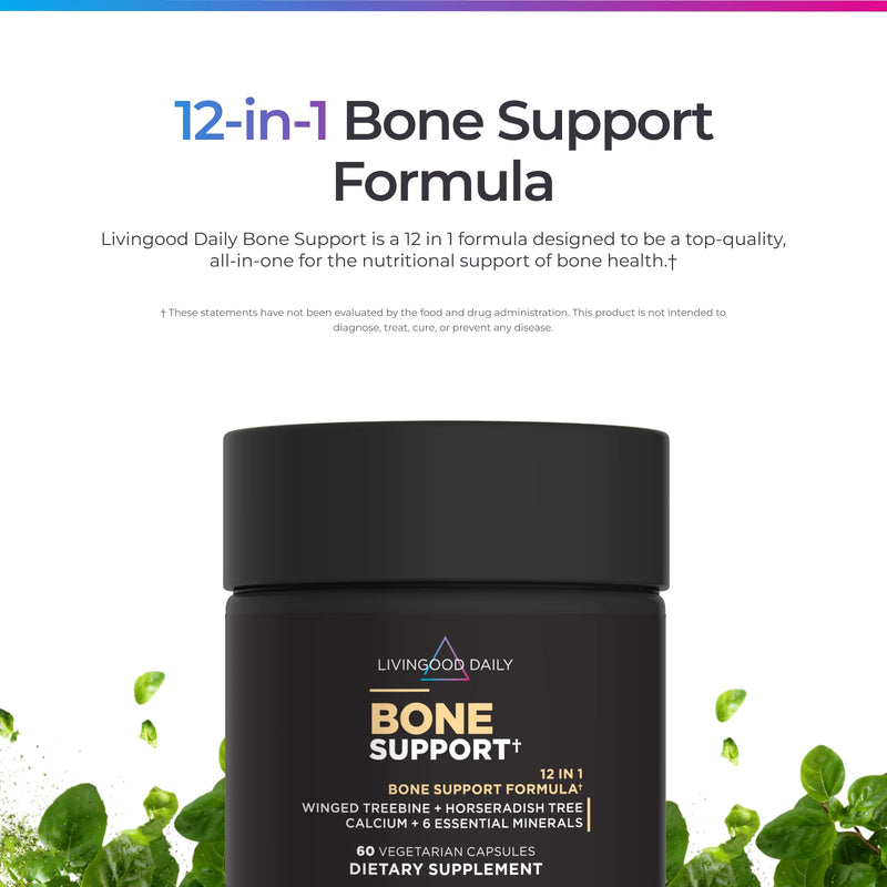 Livingood Daily Bone Health Support, Calcium Supplement, 60 Capsules | 12-in-1 Bone Support, Cissus Quadrangularis, Calcium, Magnesium, Zinc, Vitamin K2 & D3, Non GMO, Gluten Free, Made in USA